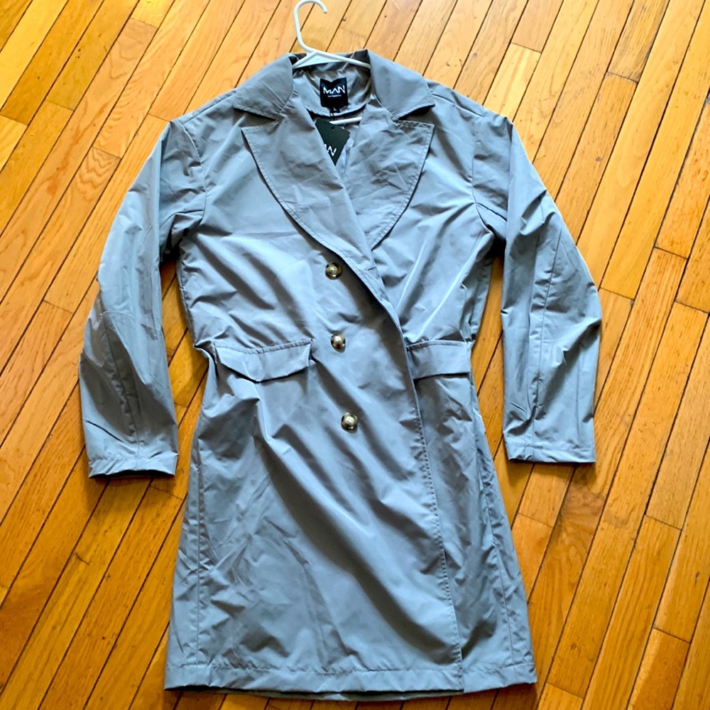BoohooMAN grey trench raincoat